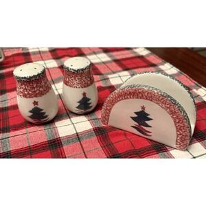Gibson Christmas Tree w/ Star Tabletop Set Salt Pepper Napkin Holder EUC